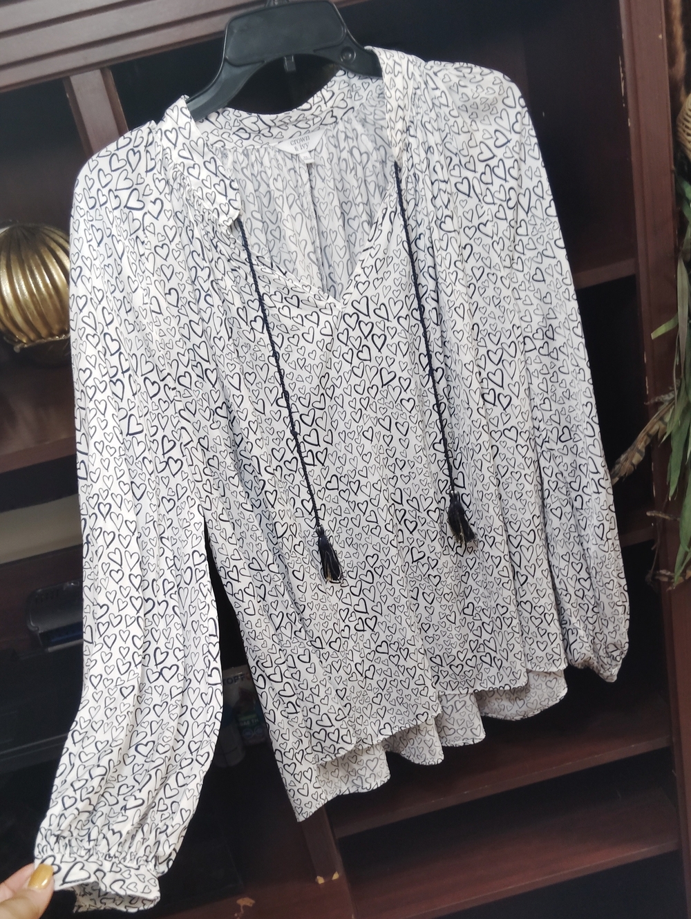 crown & ivy White Blouse with Black Heart Print